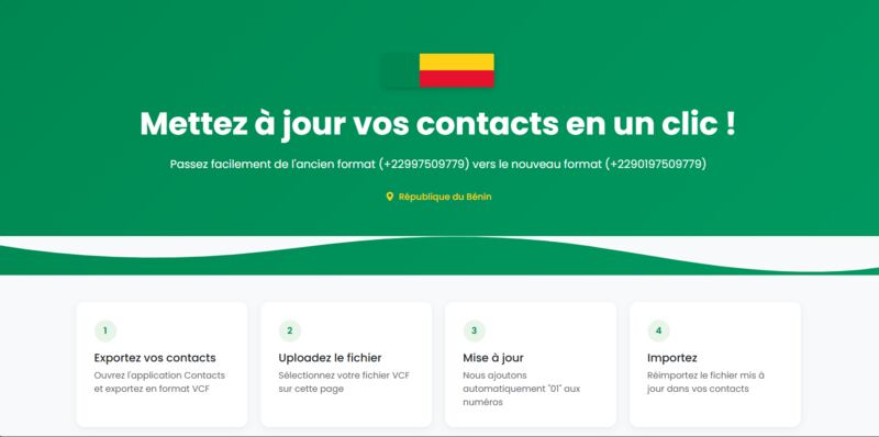Page d'accueil de l'outil de mise à jour des contacts