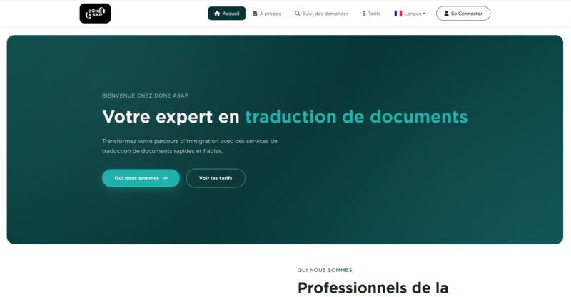 Page d'accueil de la plateforme DoneASAP