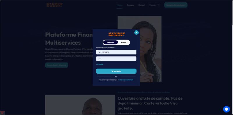 Page d'accueil de la plateforme GivpikMoney